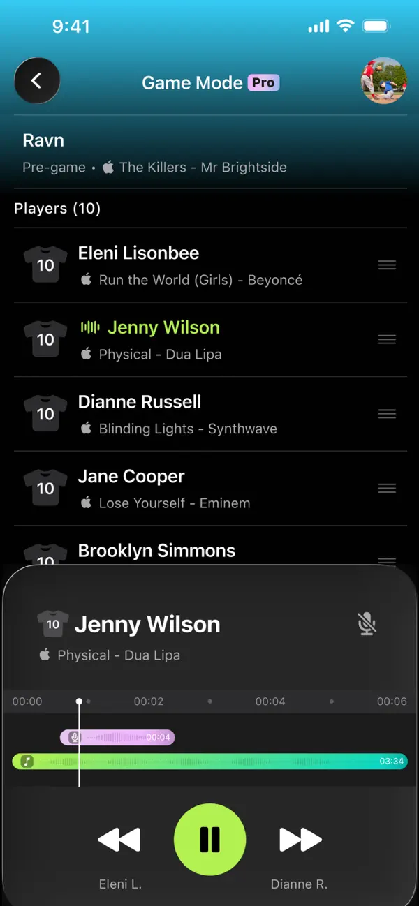 MyWalkup Game Mode screen showing a team lineup with each player's walkup song